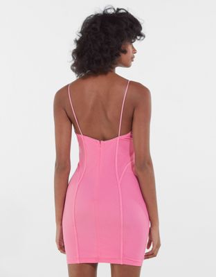 Bershka strappy mesh bodycon dress with ruching in pink