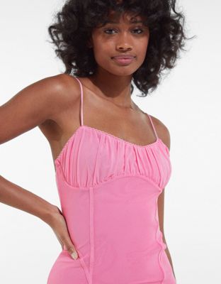 Bershka strappy mesh bodycon dress with ruching in pink