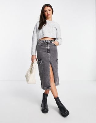 Miss Selfridge heritage chunky cable sweater in gray