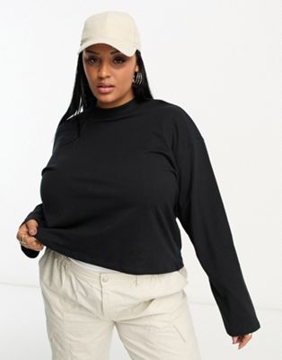 ASOS DESIGN Curve boxy high neck long sleeve T-shirt in black