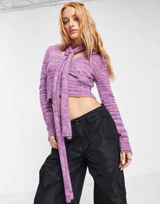 Reclaimed Vintage twist front crop sweater with skinny scarf in purple