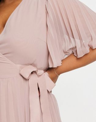 ASOS DESIGN Curve exclusive pleated midi dress with kimono sleeve and tie waist in blush