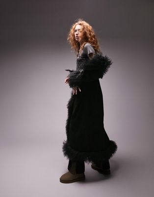 Topshop premium real suede longline coat in black