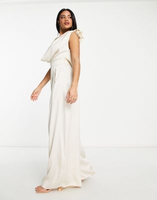 ASOS LUXE satin corsage plunge neck wide leg jumpsuit in champagne