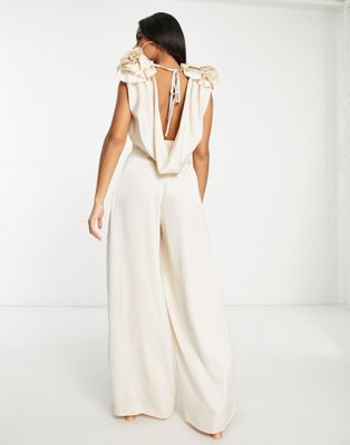 ASOS LUXE satin corsage plunge neck wide leg jumpsuit in champagne