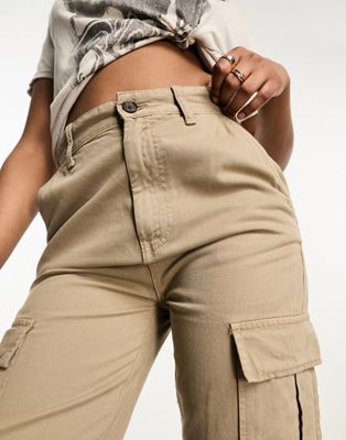 Stradivarius straight leg cargo pants in stone