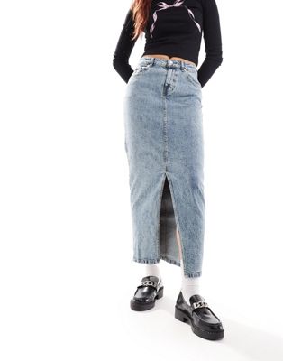ASOS DESIGN denim midi skirt with split hem in midwash