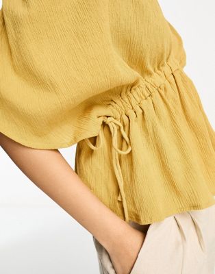 ASOS DESIGN plunge front crinkle top with tie side in ochre