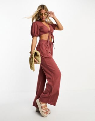 ASOS DESIGN pull on pant with linen in terracotta - part of a set