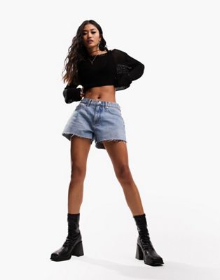 ASOS DESIGN denim 'relaxed' shorts in midwash blue