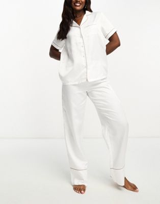 Loungeable bridal satin short sleeve revere shirt and pants in ivory
