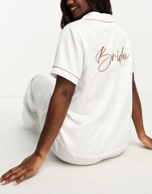 Loungeable bridal satin short sleeve revere shirt and pants in ivory