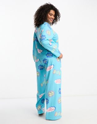 ASOS DESIGN Curve Exclusive ZZZ long sleeve top & pants pajama set in blue