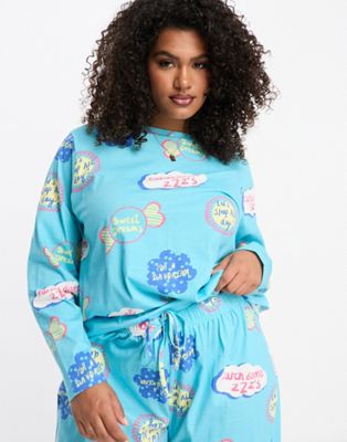 ASOS DESIGN Curve Exclusive ZZZ long sleeve top & pants pajama set in blue