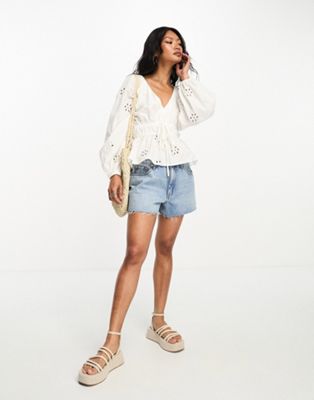 ASOS DESIGN kimono sleeve broderie top with tie waist in white