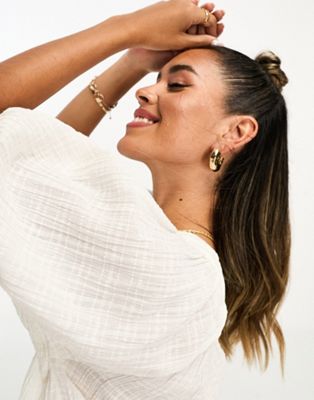 ASOS DESIGN textured gauze square neck top with volume sleeves in white