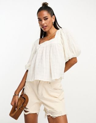 ASOS DESIGN textured gauze square neck top with volume sleeves in white