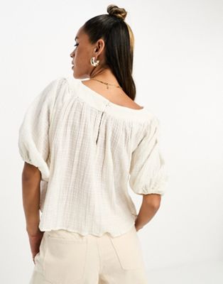ASOS DESIGN textured gauze square neck top with volume sleeves in white