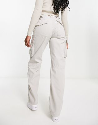 Bershka straight leg cargo pants in stone