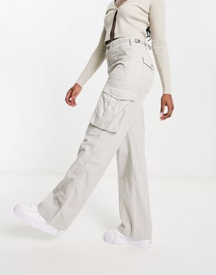 Bershka straight leg cargo pants in stone