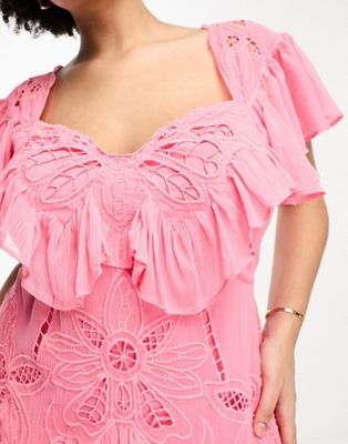 ASOS DESIGN Curve exclusive embroidered cut out mini dress with pephem and frills in pink
