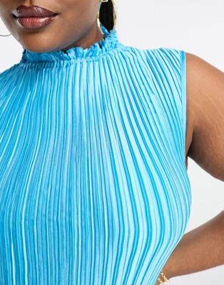 ASOS DESIGN Curve Exclusive satin plisse midi dress with high neck in turquoise