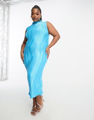 ASOS DESIGN Curve Exclusive satin plisse midi dress with high neck in turquoise