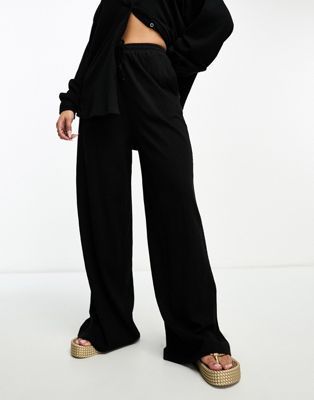 ASOS DESIGN crinkle shirred waist wide leg pants in black - part of a set