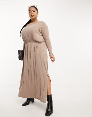 Yours Exclusive long sleeve smock midi dress in mocha