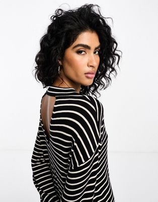 Y.A.S knit high neck midi dress in black mono stripe