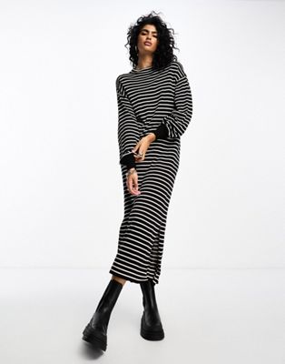 Y.A.S knit high neck midi dress in black mono stripe