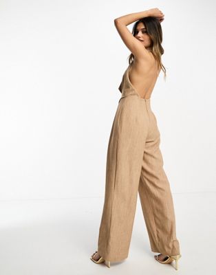 ASOS DESIGN tailored vest 2 in 1 jumpsuit in camel