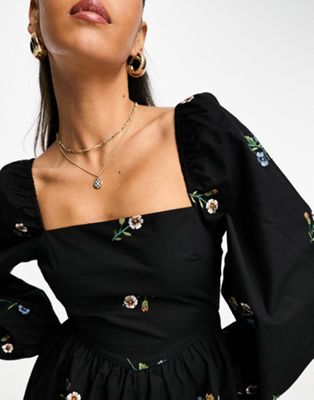ASOS DESIGN embroidered square neck romper in black