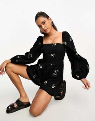 ASOS DESIGN embroidered square neck romper in black