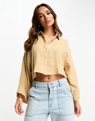 ASOS DESIGN cropped cheesecloth shirt in stone