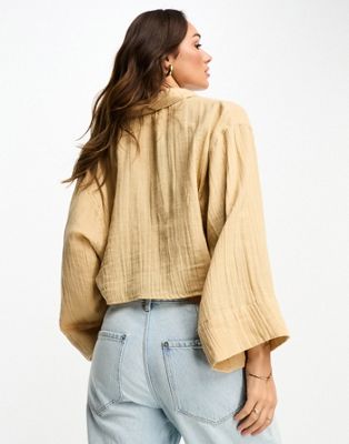 ASOS DESIGN cropped cheesecloth shirt in stone