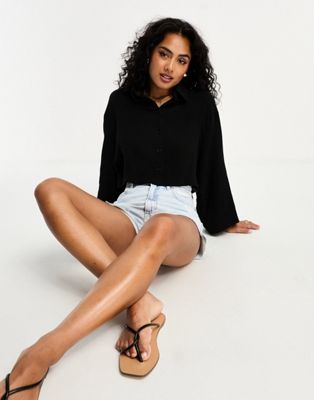ASOS DESIGN cropped cheesecloth shirt in black