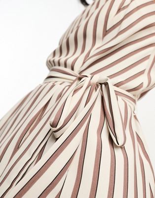 River Island tie waist stripe peplum blouse in brown and white