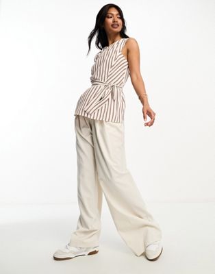 River Island tie waist stripe peplum blouse in brown and white