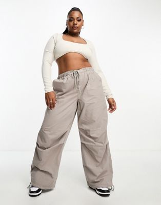 ASOS DESIGN Curve parachute cargo pants with tie waist in washed sand