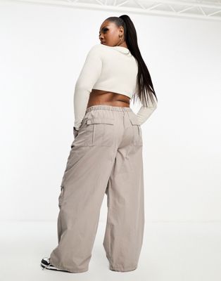 ASOS DESIGN Curve parachute cargo pants with tie waist in washed sand
