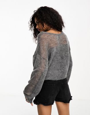 ASOS DESIGN v neck relaxed sweater with sheer paneling in gray