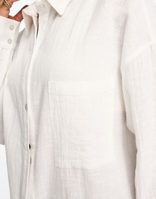 Pull&Bear long sleeve linen shirt in white