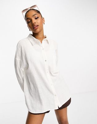 Pull&Bear long sleeve linen shirt in white