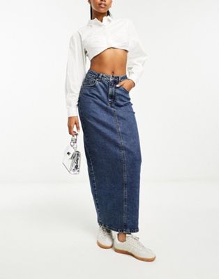 ASOS DESIGN denim maxi skirt with split hem in darkwash