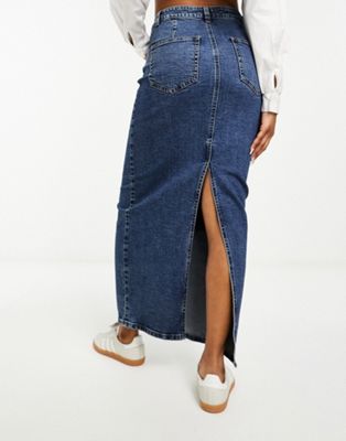 ASOS DESIGN denim maxi skirt with split hem in darkwash