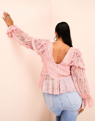 ASOS LUXE Curve mesh bardot long sleeved top with velvet flowers and pearl embellishement in pink