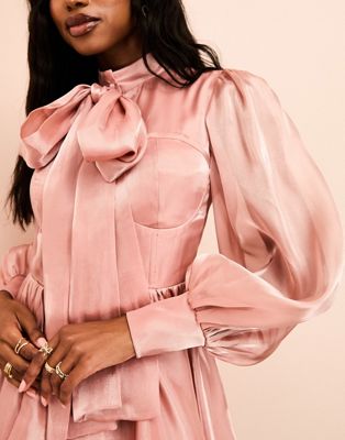 ASOS LUXE tie neck long sleeved pussybow satin skater mini dress in dusty rose