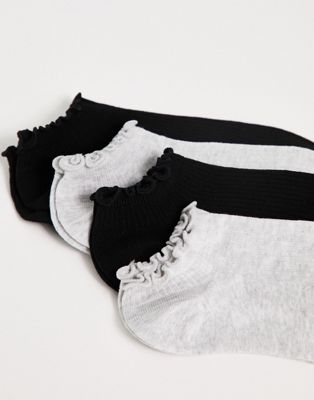 Lindex 4-pack ribbed footsie socks with frill edge in gray and black