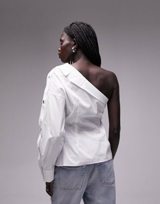 Topshop poplin one shoulder shirt in white